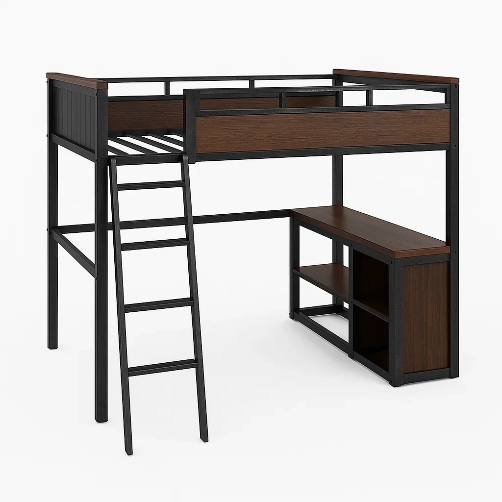 Lit mezzanine en métal et bois avec bureau marron/noir