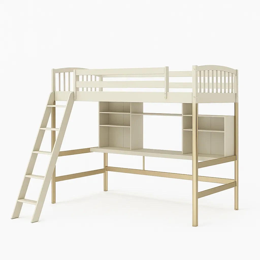 Lit mezzanine en bois naturel et blanc avec bureau intégré 200×90×180 cm