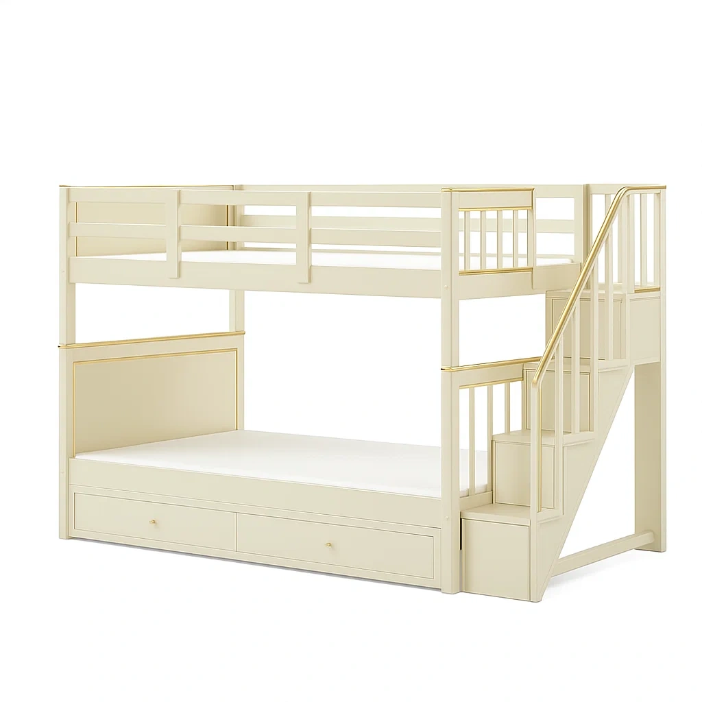 Lit superposé en bois avec escalier et tiroirs 208×104×157 cm crème