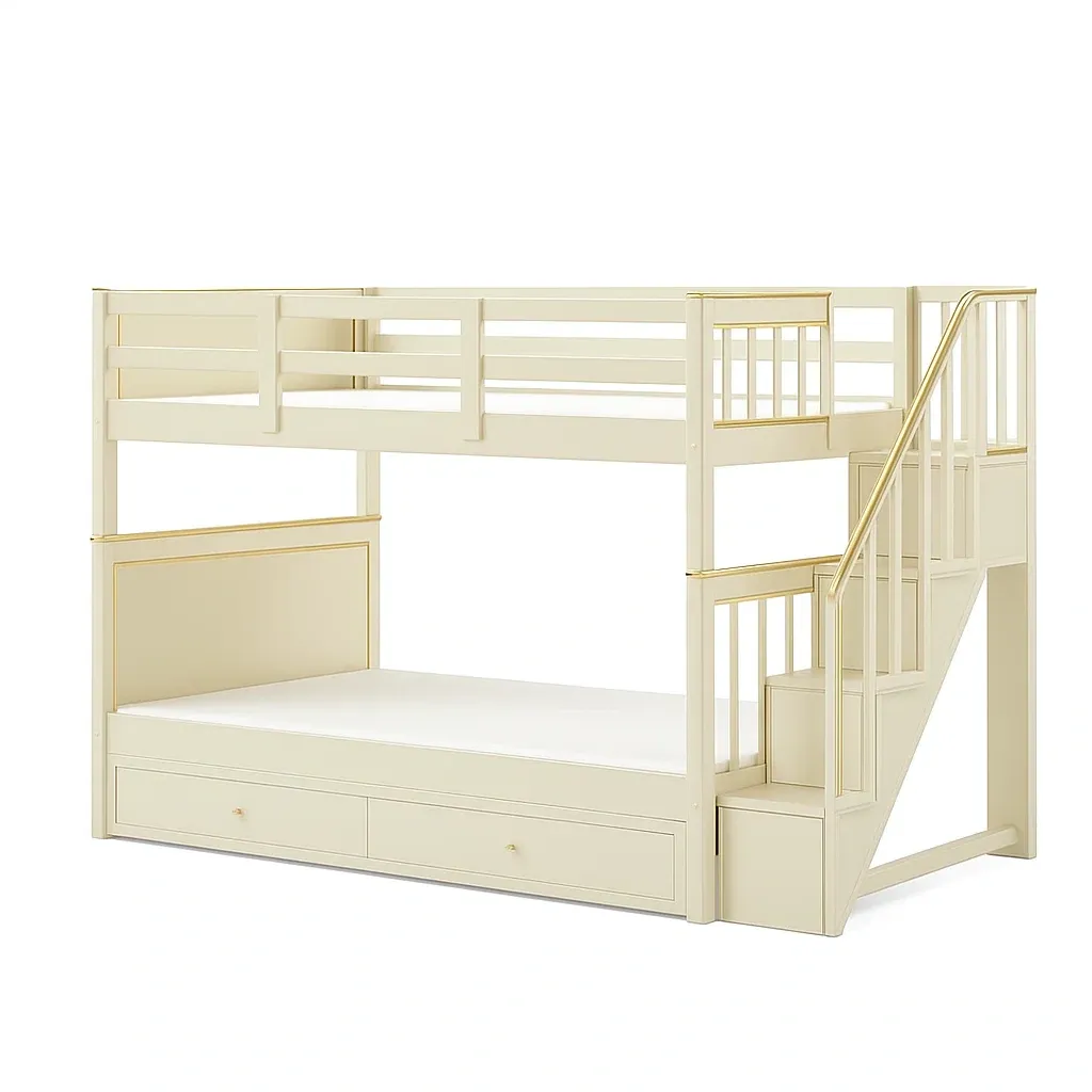 Lit superposé en bois avec escalier et tiroirs 208×104×157 cm crème