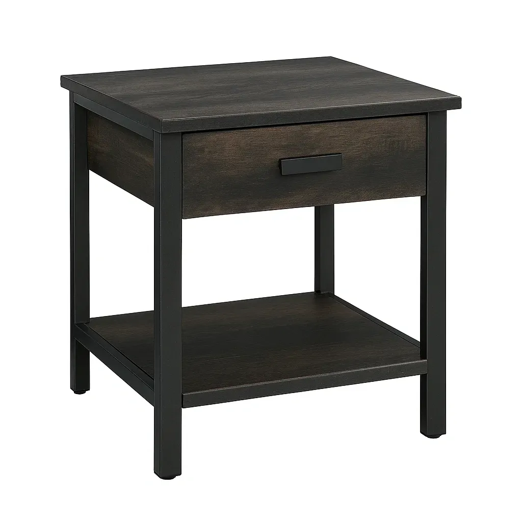 Table de chevet en bois MDF brun et métal noir avec tiroir