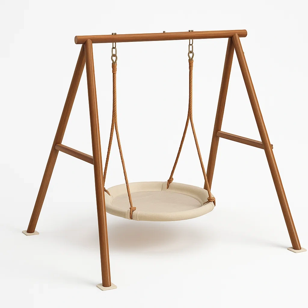 Ensemble de balançoire en bois avec siège rond en tissu beige