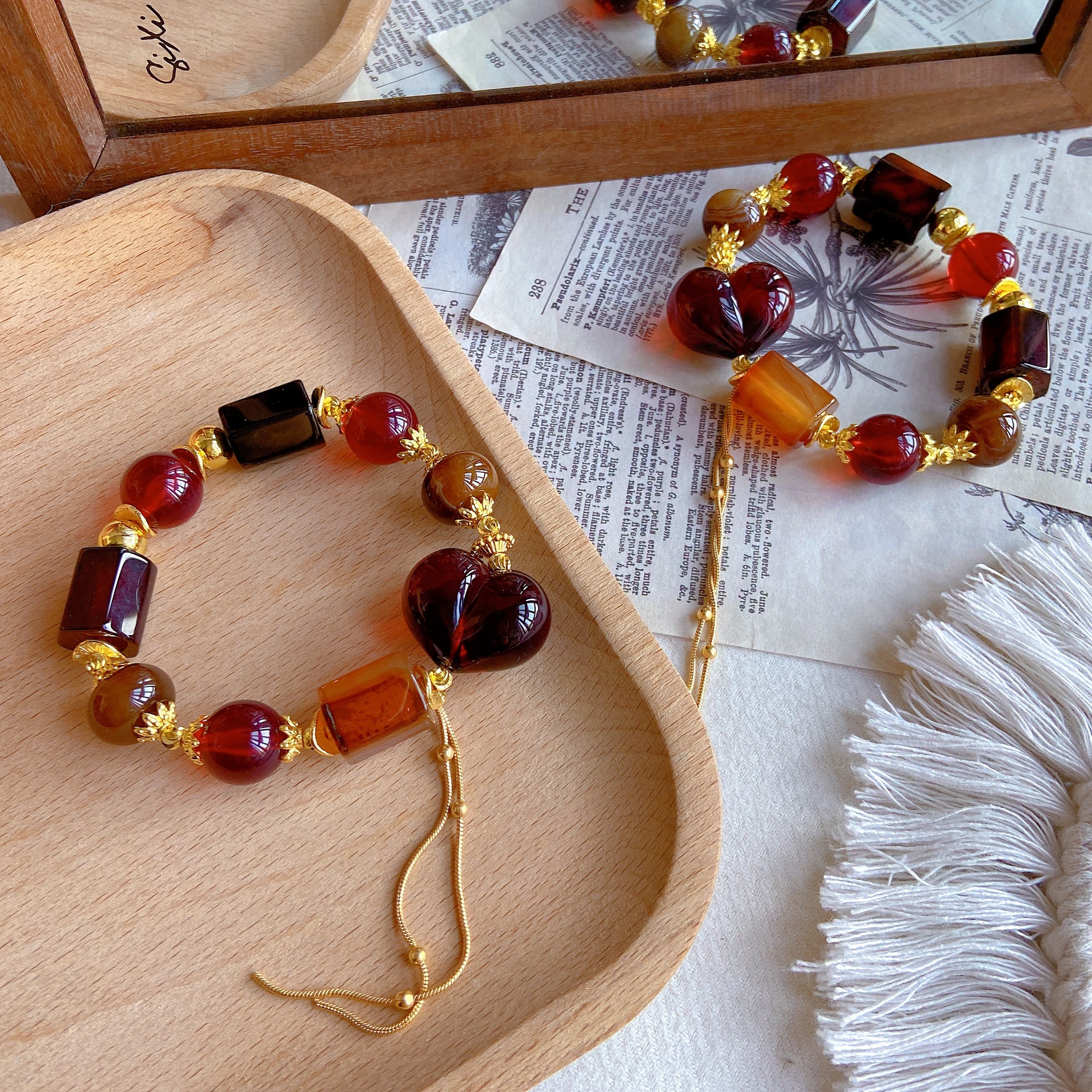Natural Agate Hexagonal Prism Blood Amber Heart Peach Bracelet