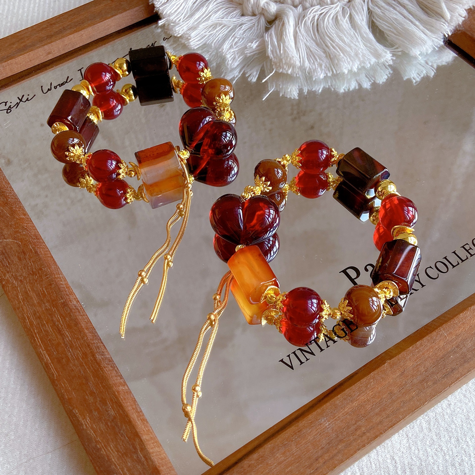 Natural Agate Hexagonal Prism Blood Amber Heart Peach Bracelet