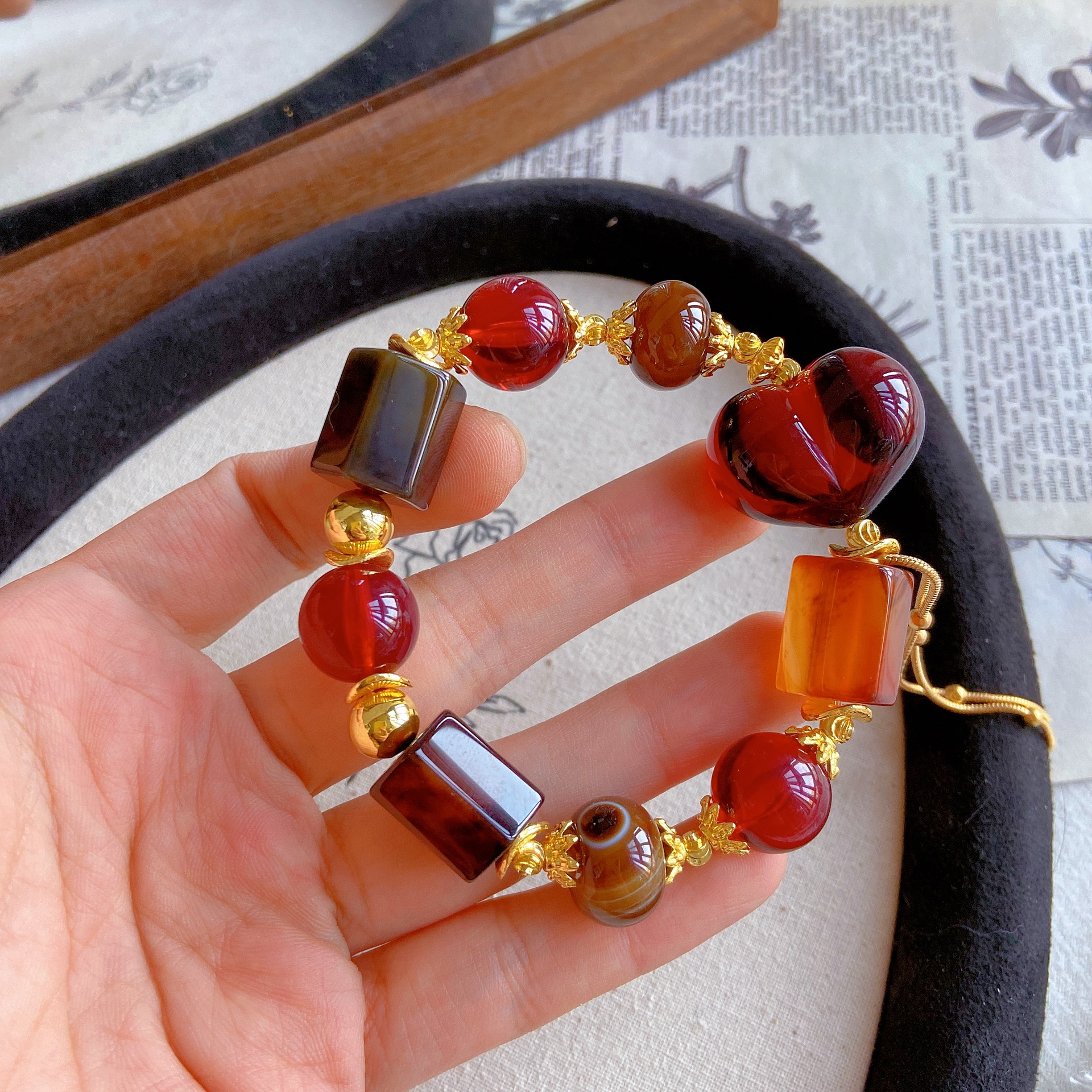 Natural Agate Hexagonal Prism Blood Amber Heart Peach Bracelet