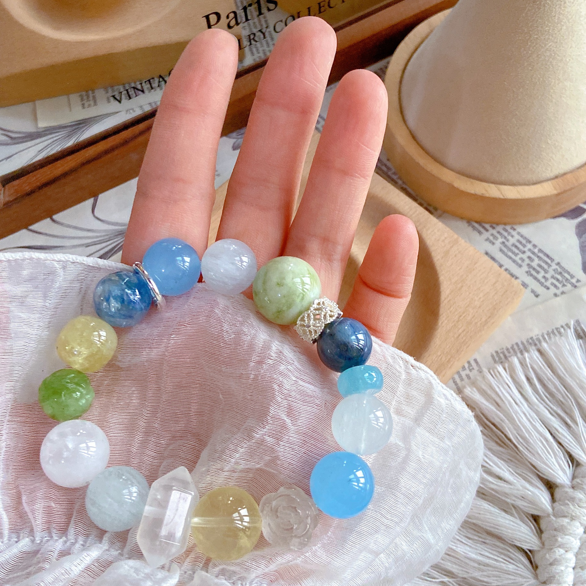 Natural Kyanite, Blue Jasper, and Fluorite Crystal Bracelet