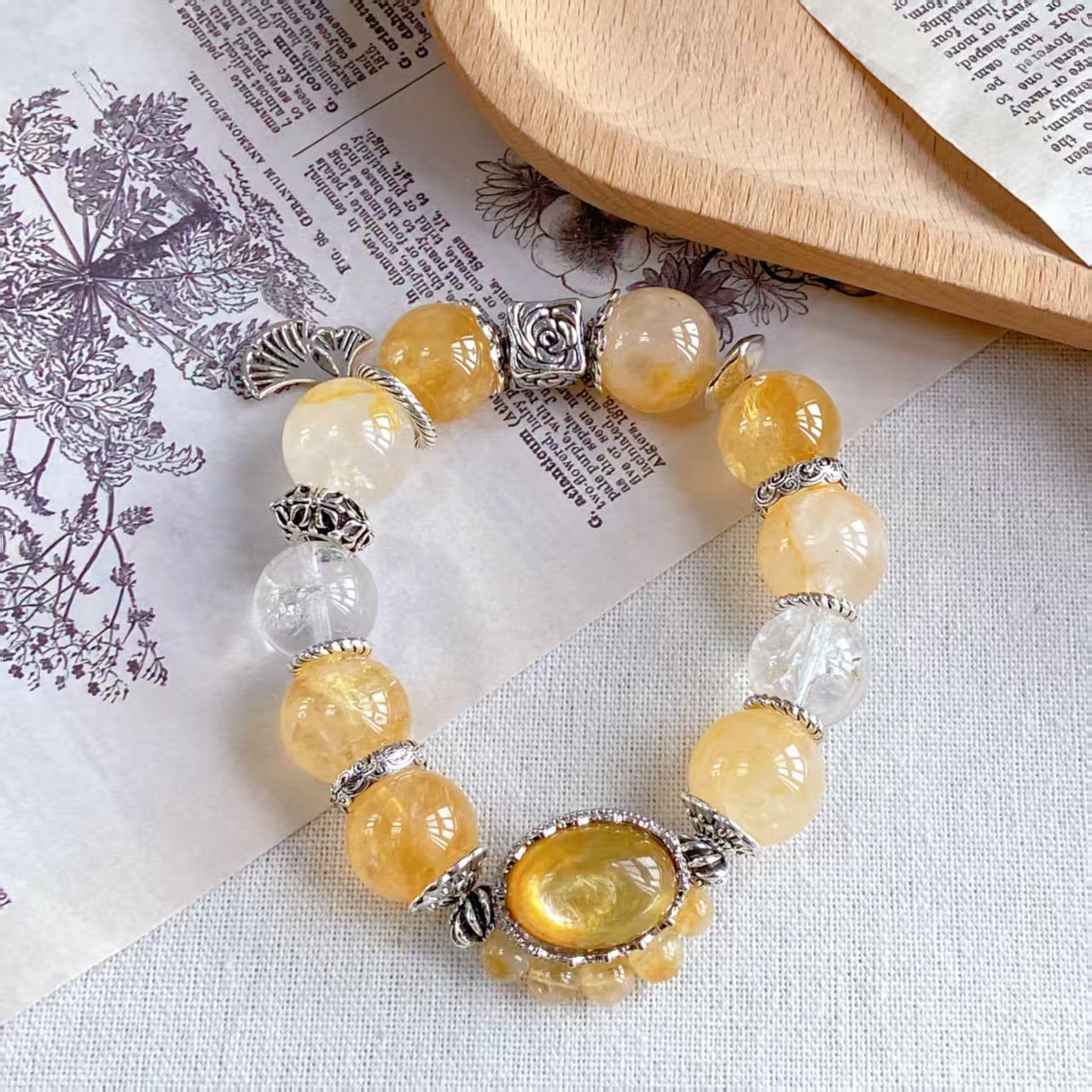 Natural gold, lithium mica, yellow tower crystal, yellow gel flower crystal bracelet