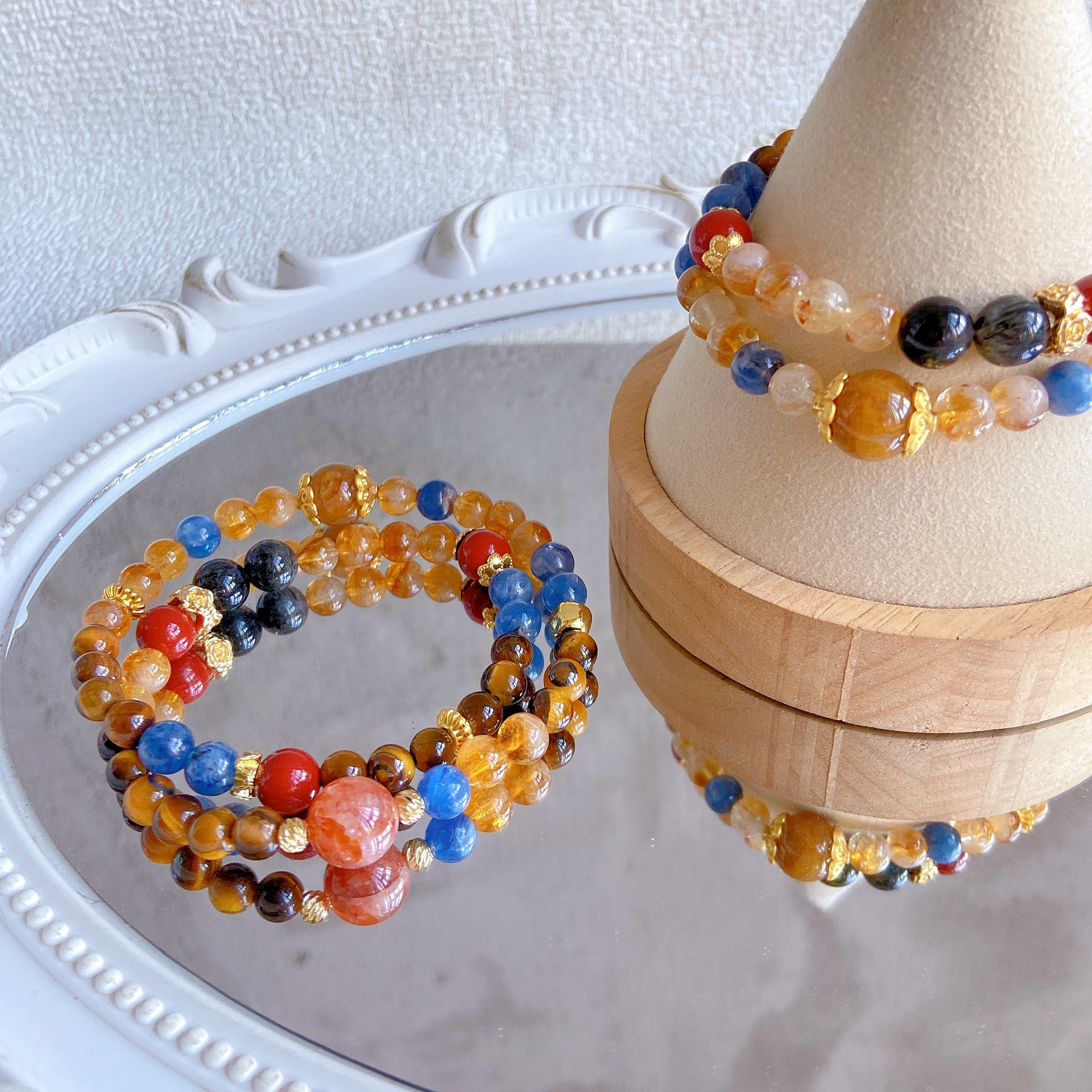 Natural blue crystal tiger eye stone cinnabar black hair crystal yellow tower crystal glue double circle bracelet