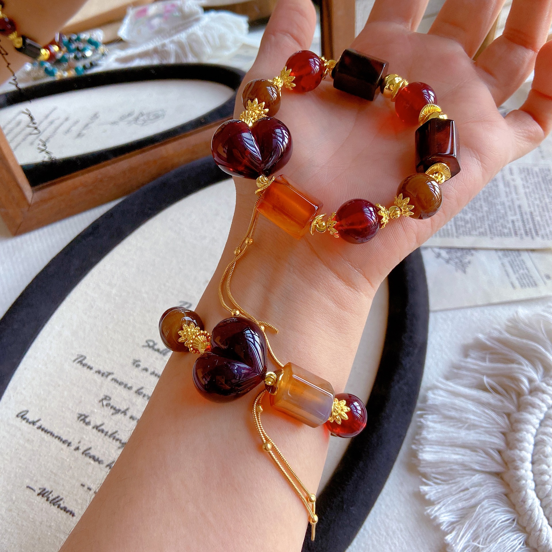 Natural Agate Hexagonal Prism Blood Amber Heart Peach Bracelet