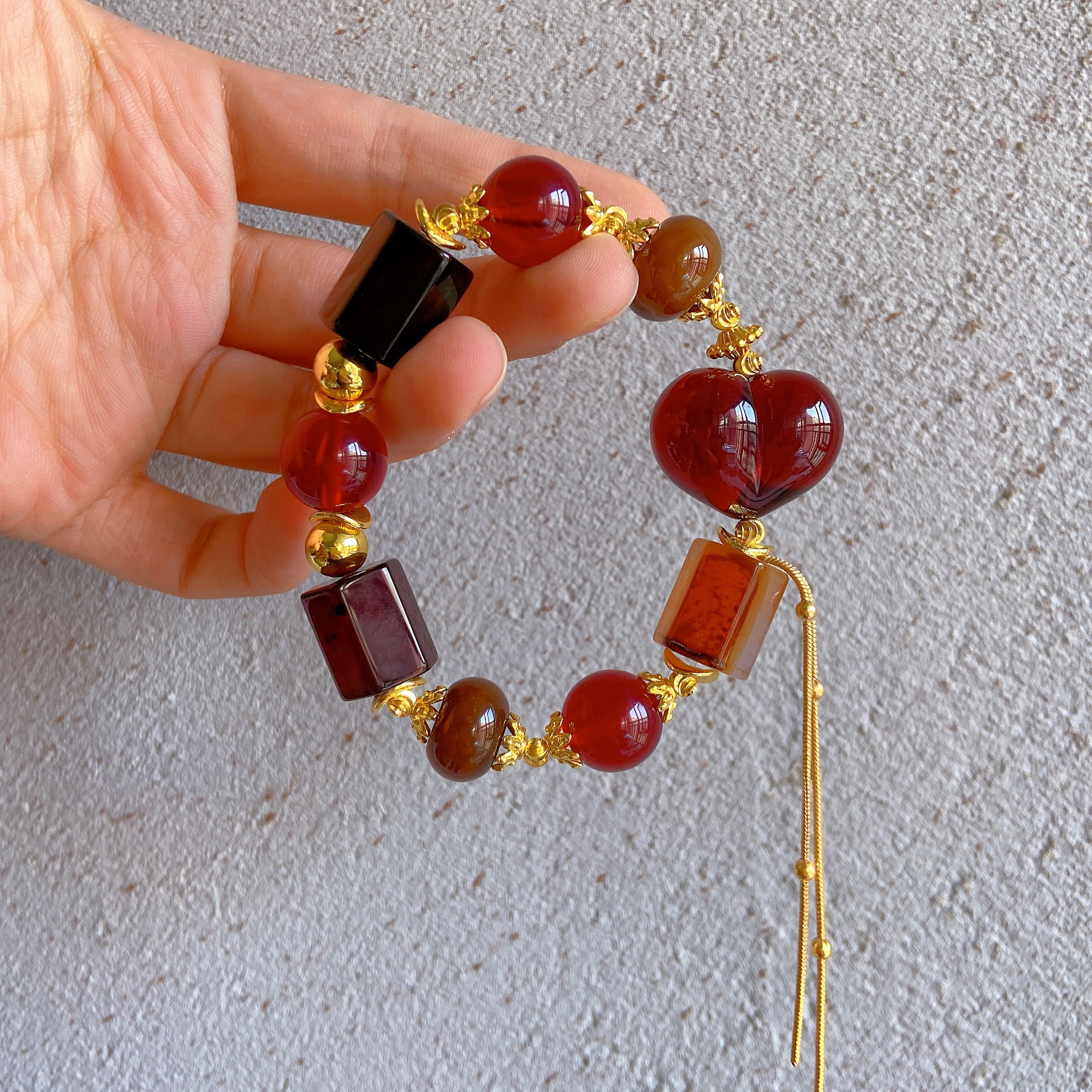 Natural Agate Hexagonal Prism Blood Amber Heart Peach Bracelet