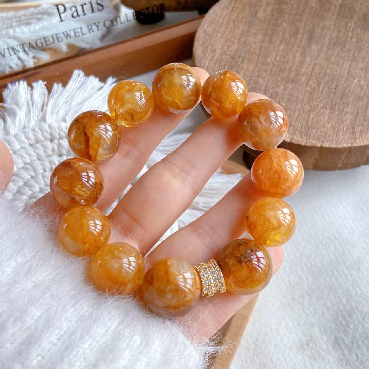 Natural large particle gold gel flower 16mm crystal bracelet