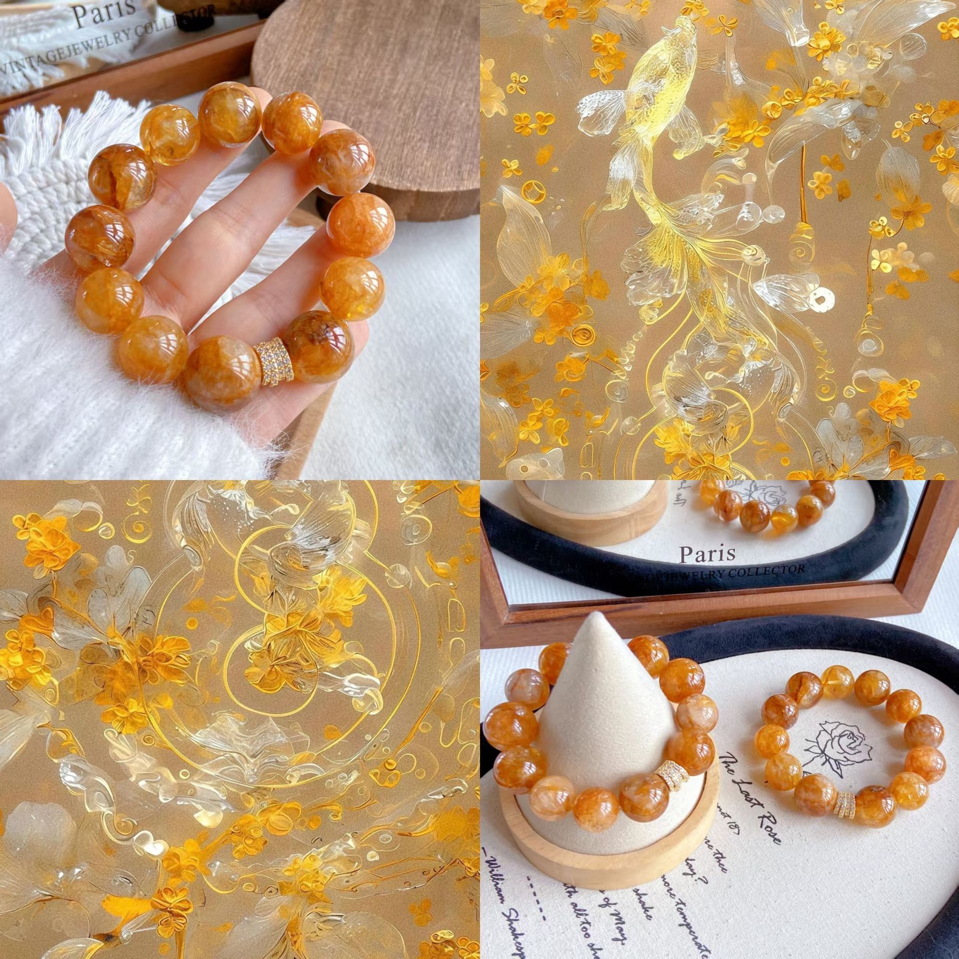 Natural large particle gold gel flower 16mm crystal bracelet