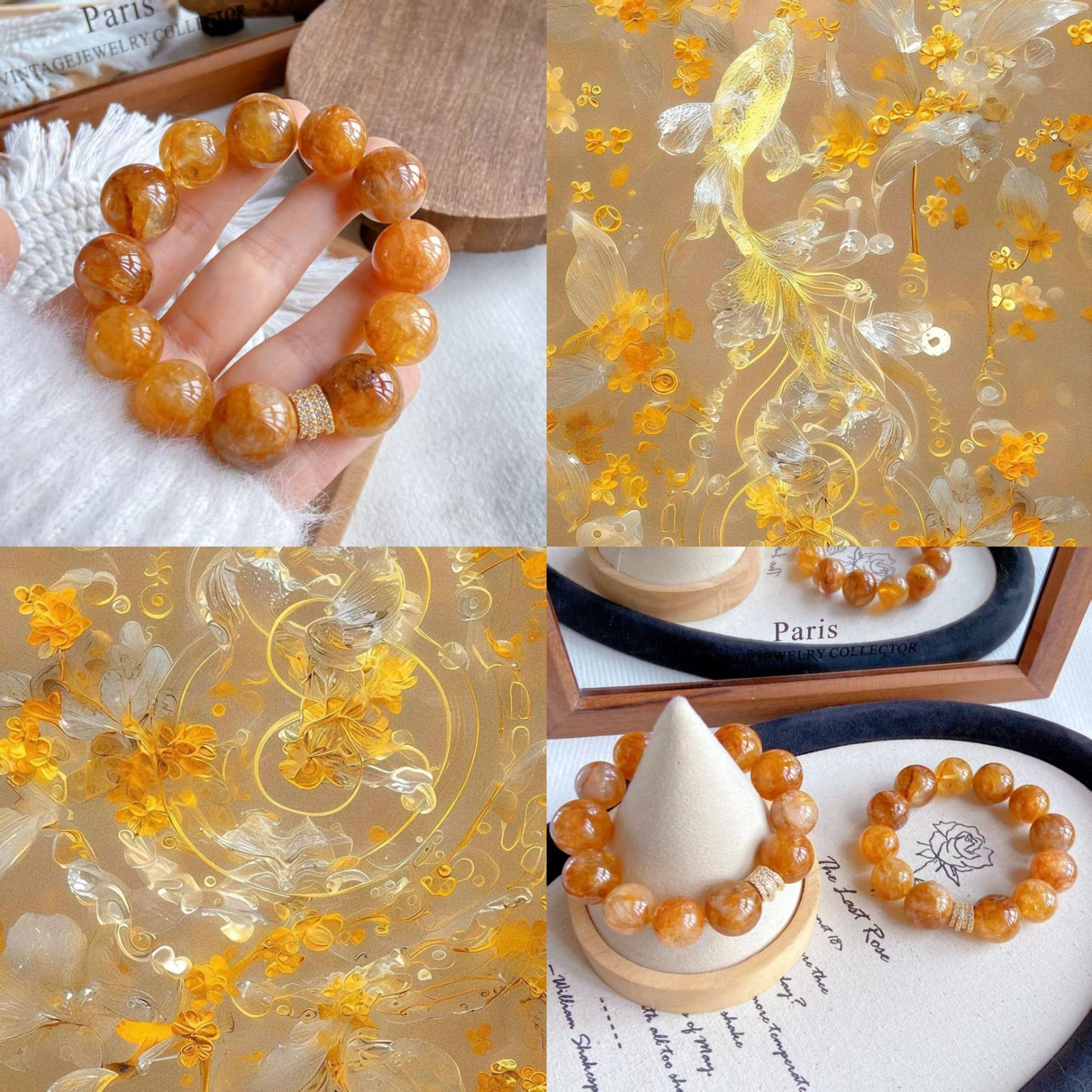 Natural large particle gold gel flower 16mm crystal bracelet