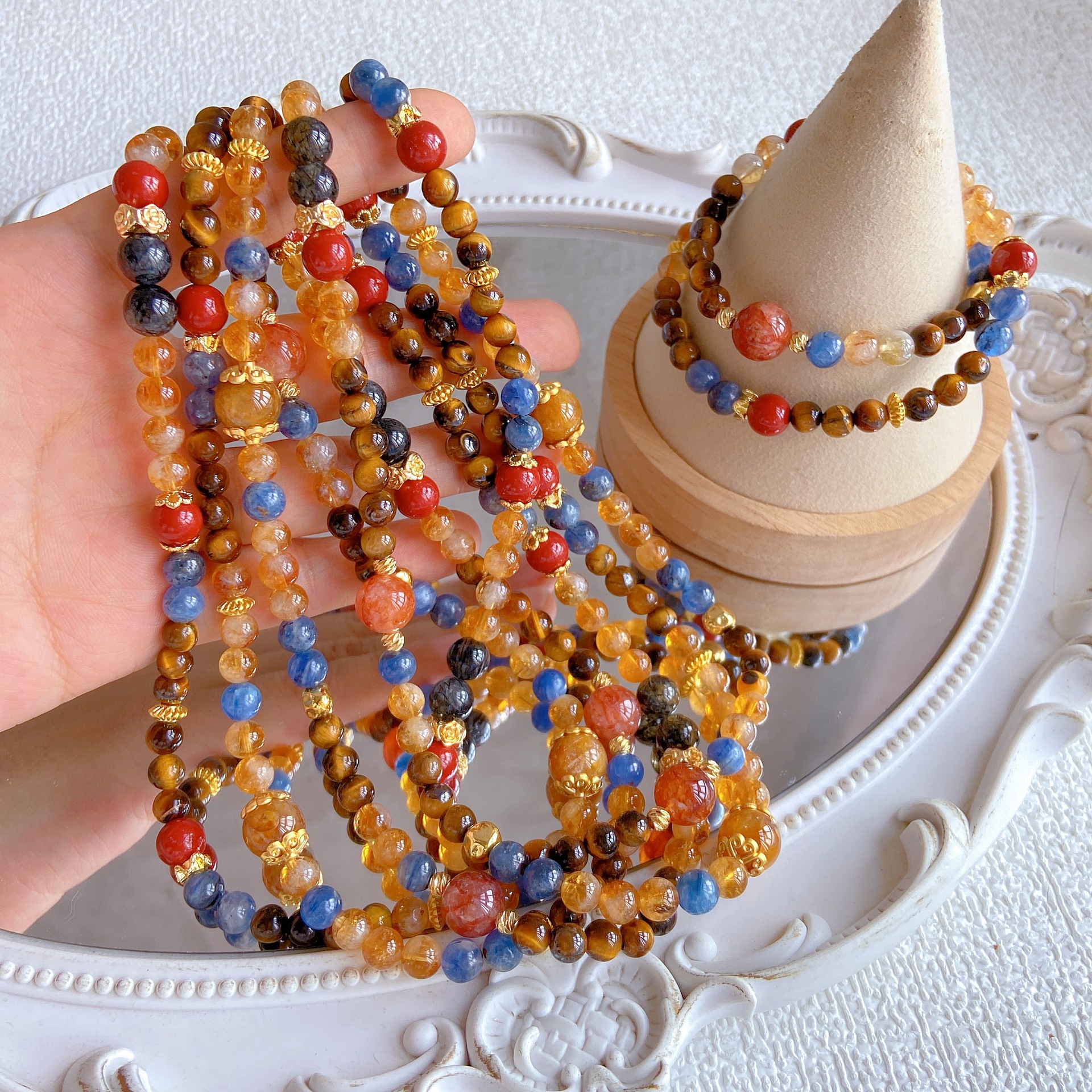 Natural blue crystal tiger eye stone cinnabar black hair crystal yellow tower crystal glue double circle bracelet