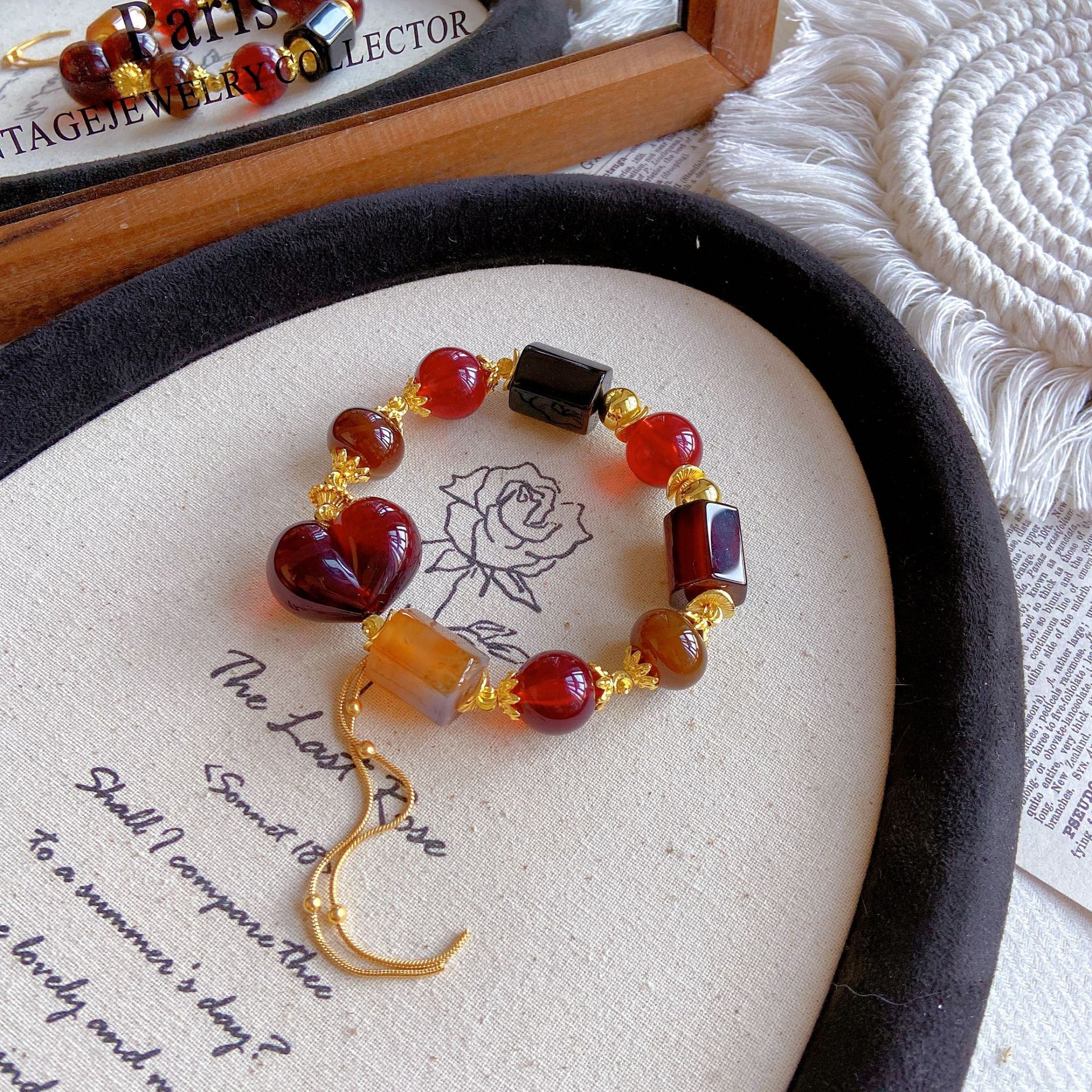 Natural Agate Hexagonal Prism Blood Amber Heart Peach Bracelet