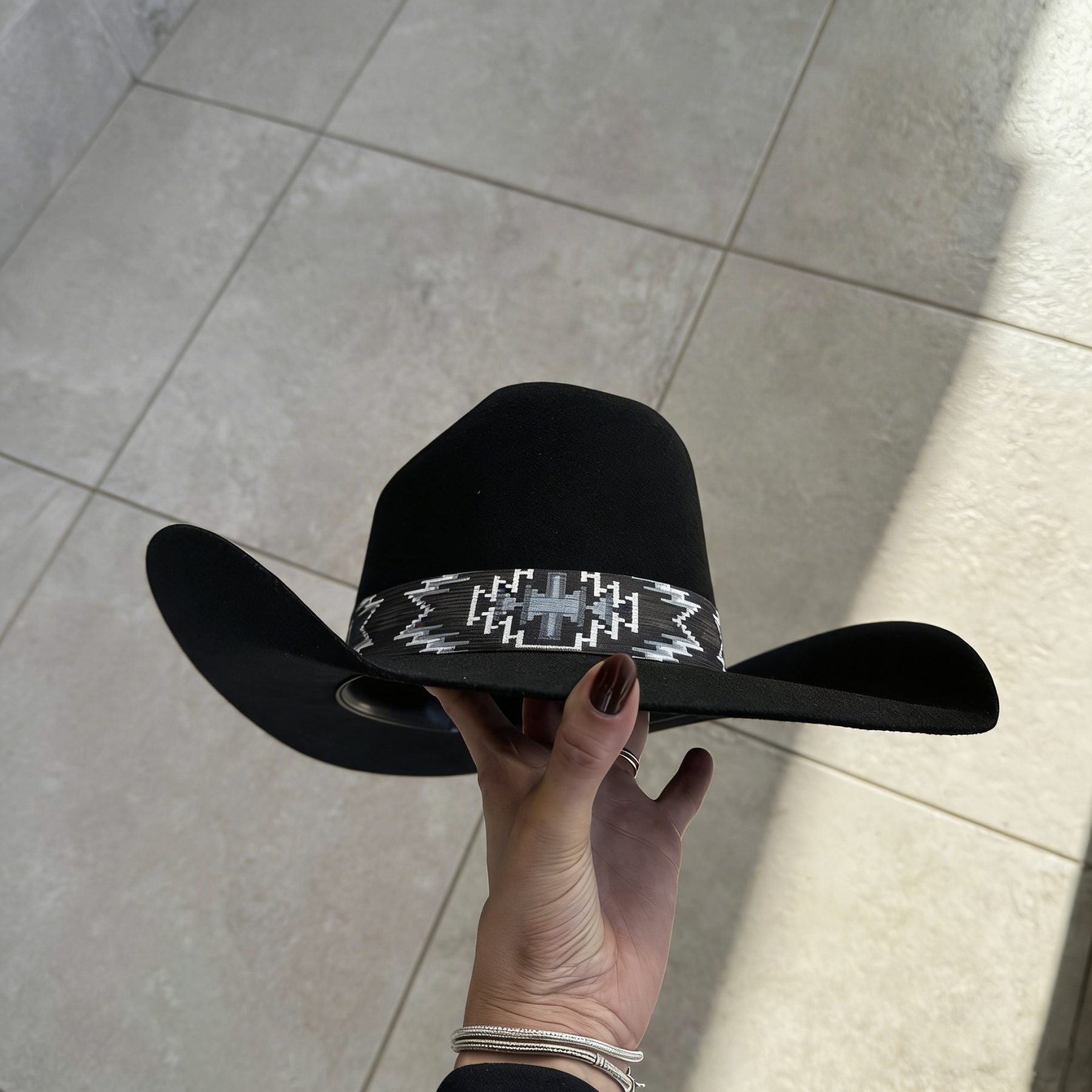 Black Western Cowboy Hat with Feather & Aztec Band - Retro American Style Felt Sun Hat
