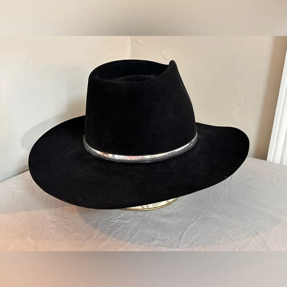 Resistol 4X Black Beaver Felt Western Hat 7 3/8 engraved silver cowboy wide brim