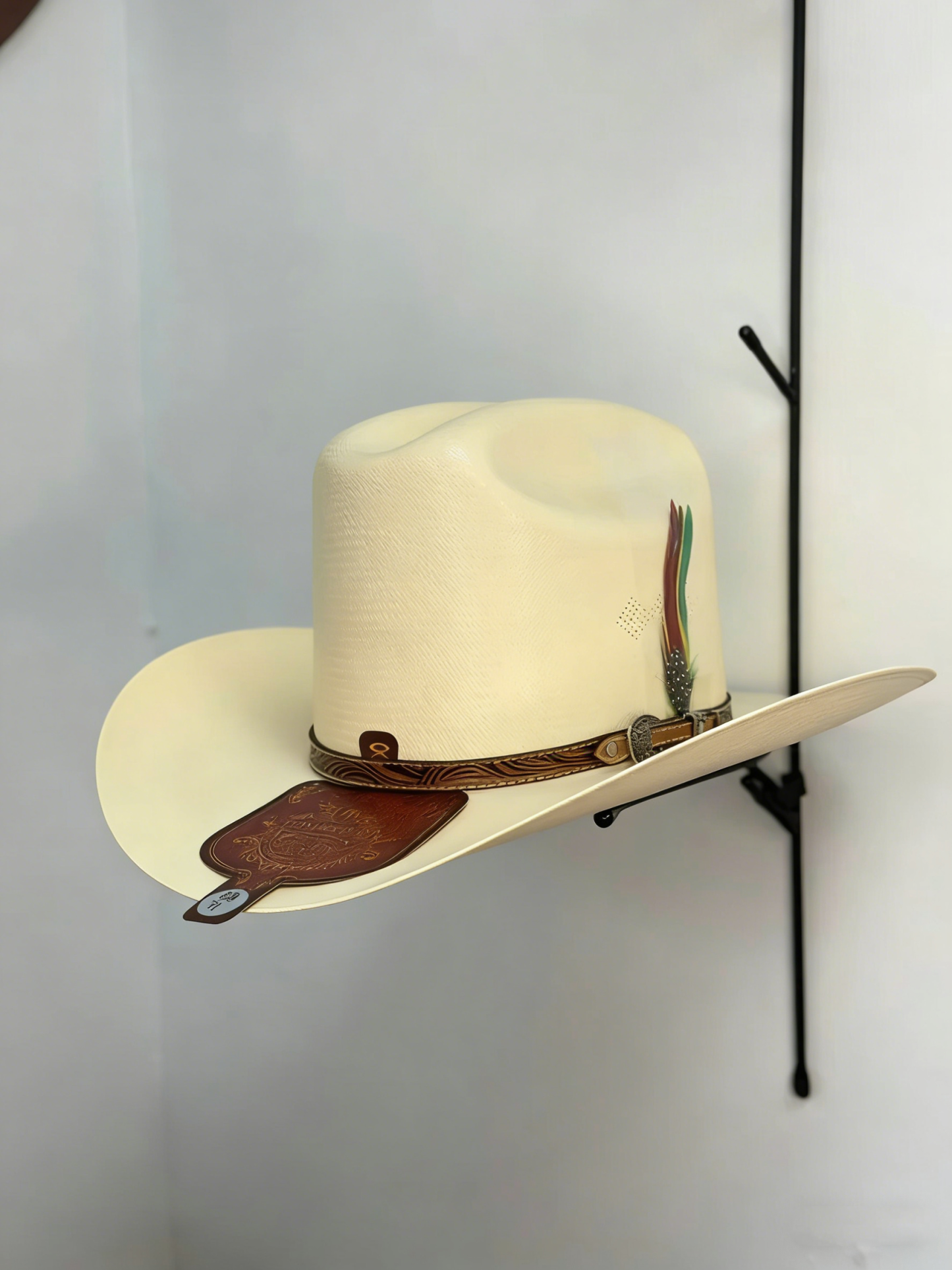 Cream Straw Cowboy Hat with Feather & Tooled Leather Band - Western Style
