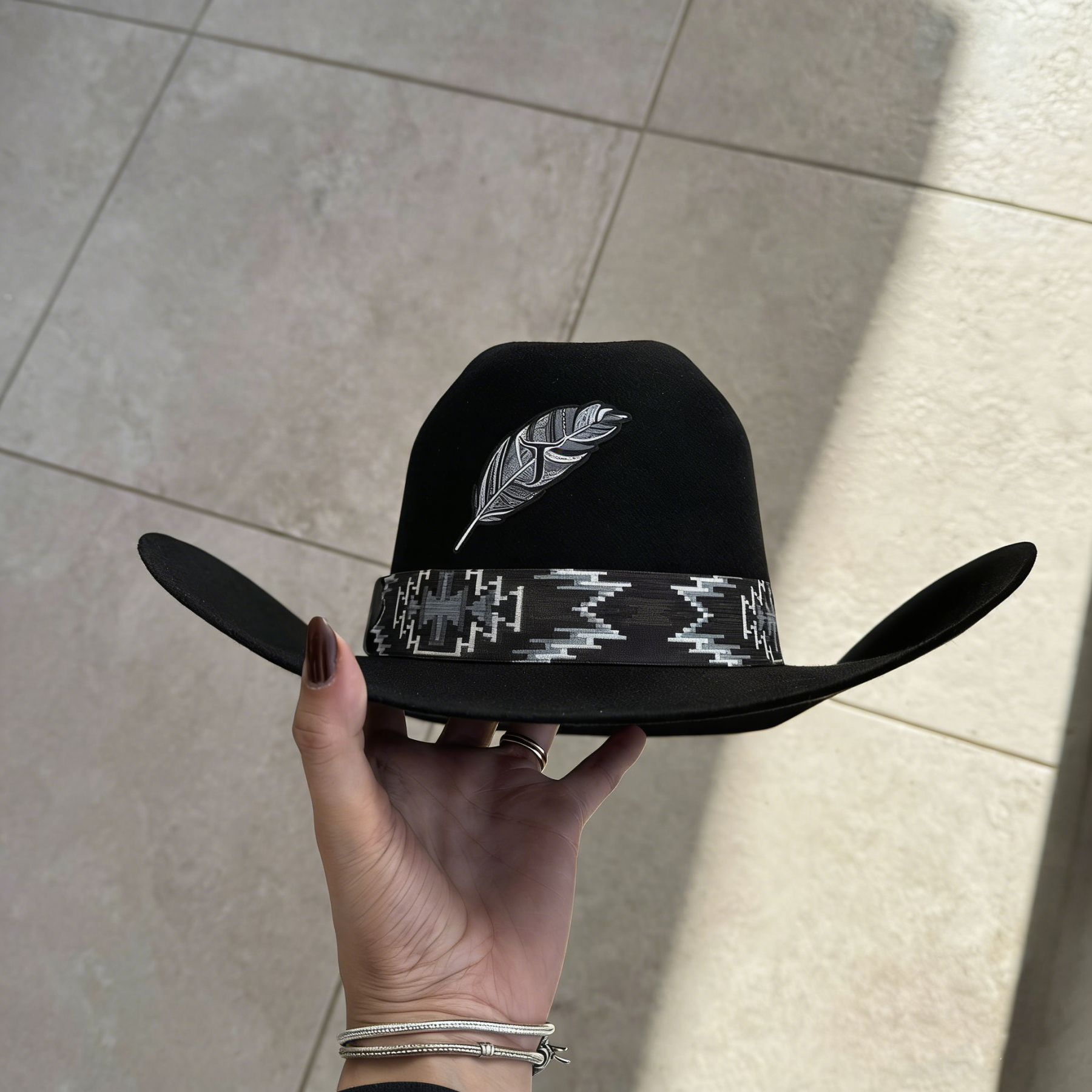 Black Western Cowboy Hat with Feather & Aztec Band - Retro American Style Felt Sun Hat