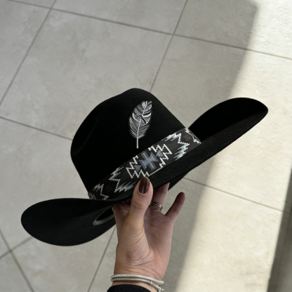 Black Western Cowboy Hat with Feather & Aztec Band - Retro American Style Felt Sun Hat
