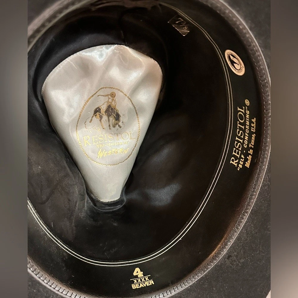 Resistol 4X Black Beaver Felt Western Hat 7 3/8 engraved silver cowboy wide brim