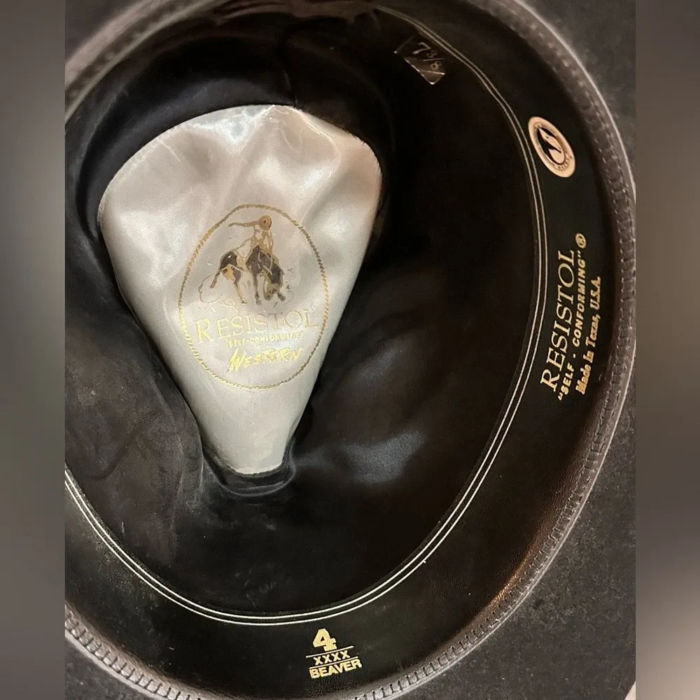 Resistol 4X Black Beaver Felt Western Hat 7 3/8 engraved silver cowboy wide brim