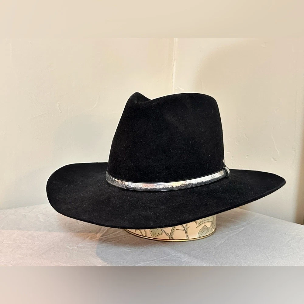 Resistol 4X Black Beaver Felt Western Hat 7 3/8 engraved silver cowboy wide brim