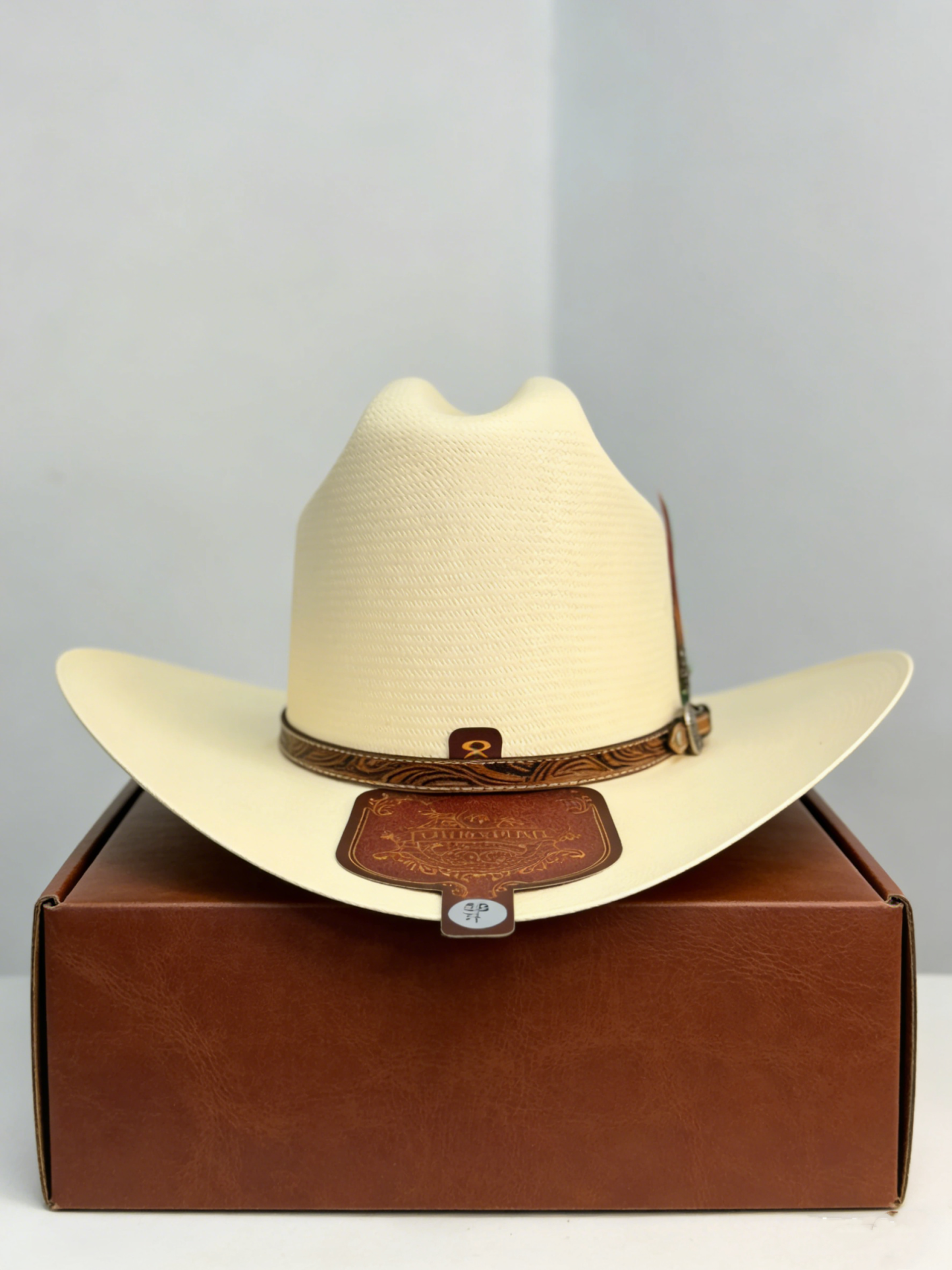 Cream Straw Cowboy Hat with Feather & Tooled Leather Band - Western Style