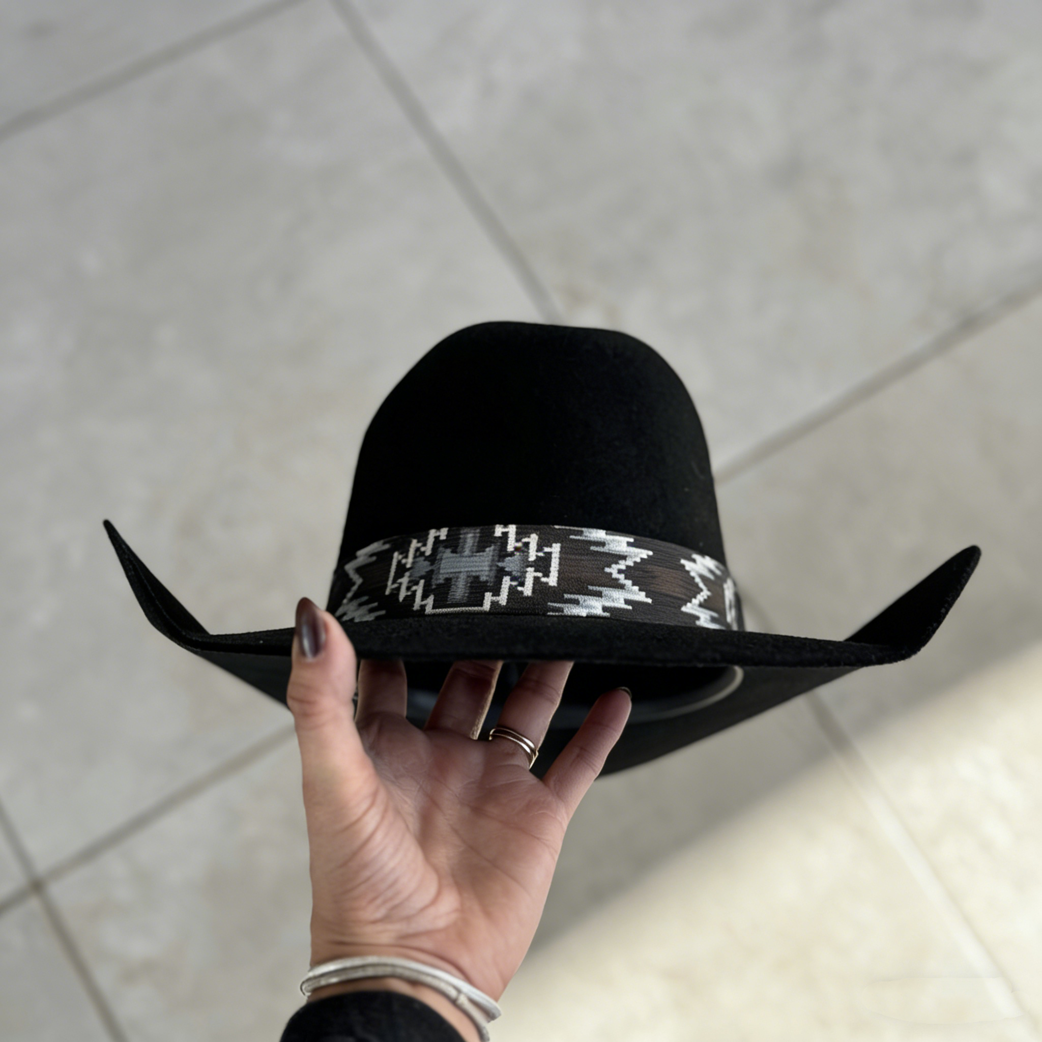 Black Western Cowboy Hat with Feather & Aztec Band - Retro American Style Felt Sun Hat