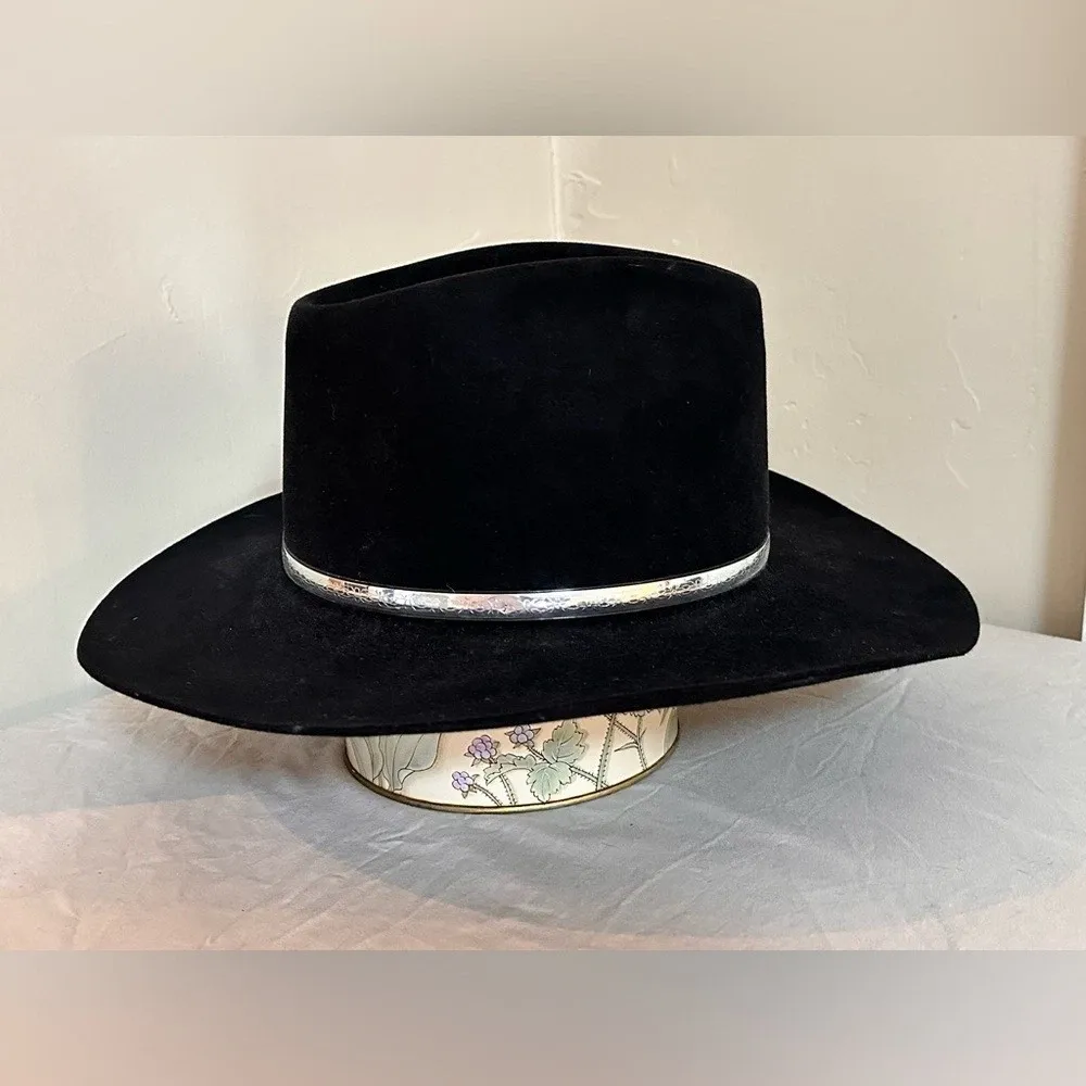 Resistol 4X Black Beaver Felt Western Hat 7 3/8 engraved silver cowboy wide brim