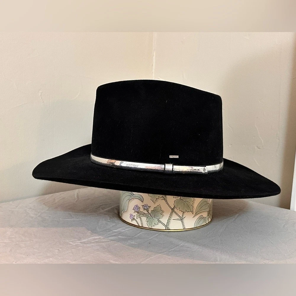 Resistol 4X Black Beaver Felt Western Hat 7 3/8 engraved silver cowboy wide brim