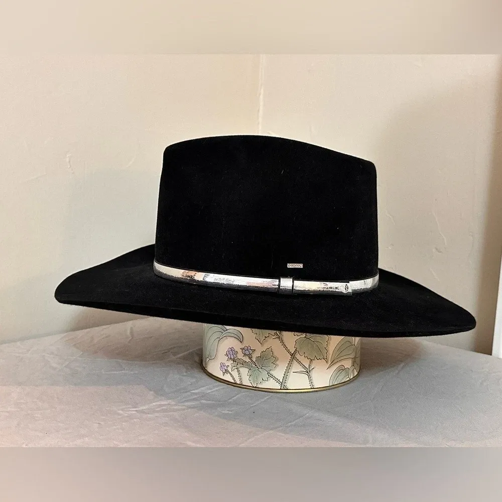 Resistol 4X Black Beaver Felt Western Hat 7 3/8 engraved silver cowboy