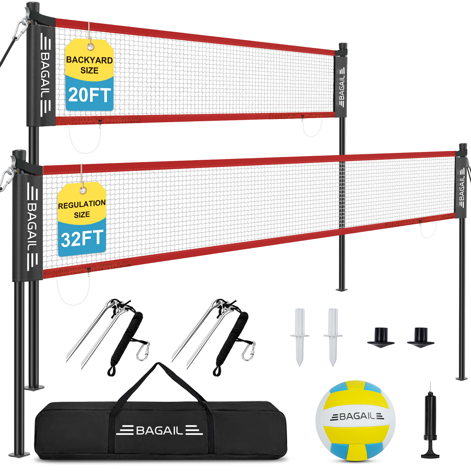 BAGAIL Outdoor Volleyball Net Set 20FT/32FT, Portable for Beach, Backyard | Complete Kit with Carry Bag, Ball & Pump, Integrated Scoring System, Anti-Sag, All-Weather Durability, Easy 5-min Setup-BAGAIL