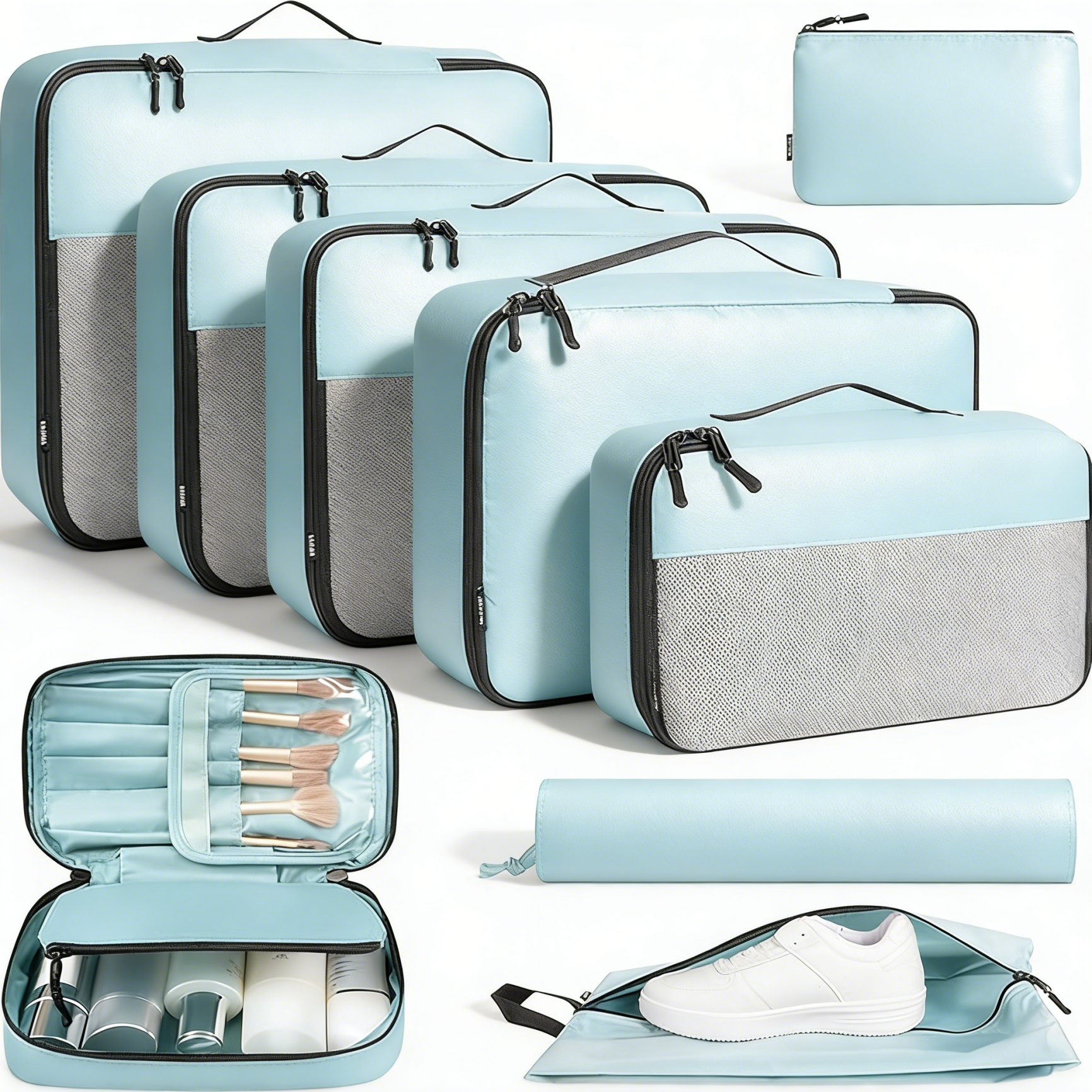 9 Set Half Mesh Packing Cubes with Makeup Bag & Laundry Bag  & Shoe Bag & Zipper pouch