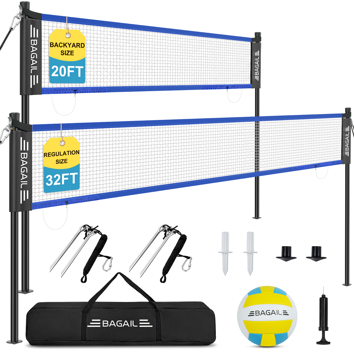 BAGAIL Outdoor Volleyball Net Set 20FT/32FT, Portable for Beach, Backyard | Complete Kit with Carry Bag, Ball & Pump, Integrated Scoring System, Anti-Sag, All-Weather Durability, Easy 5-min Setup-BAGAIL