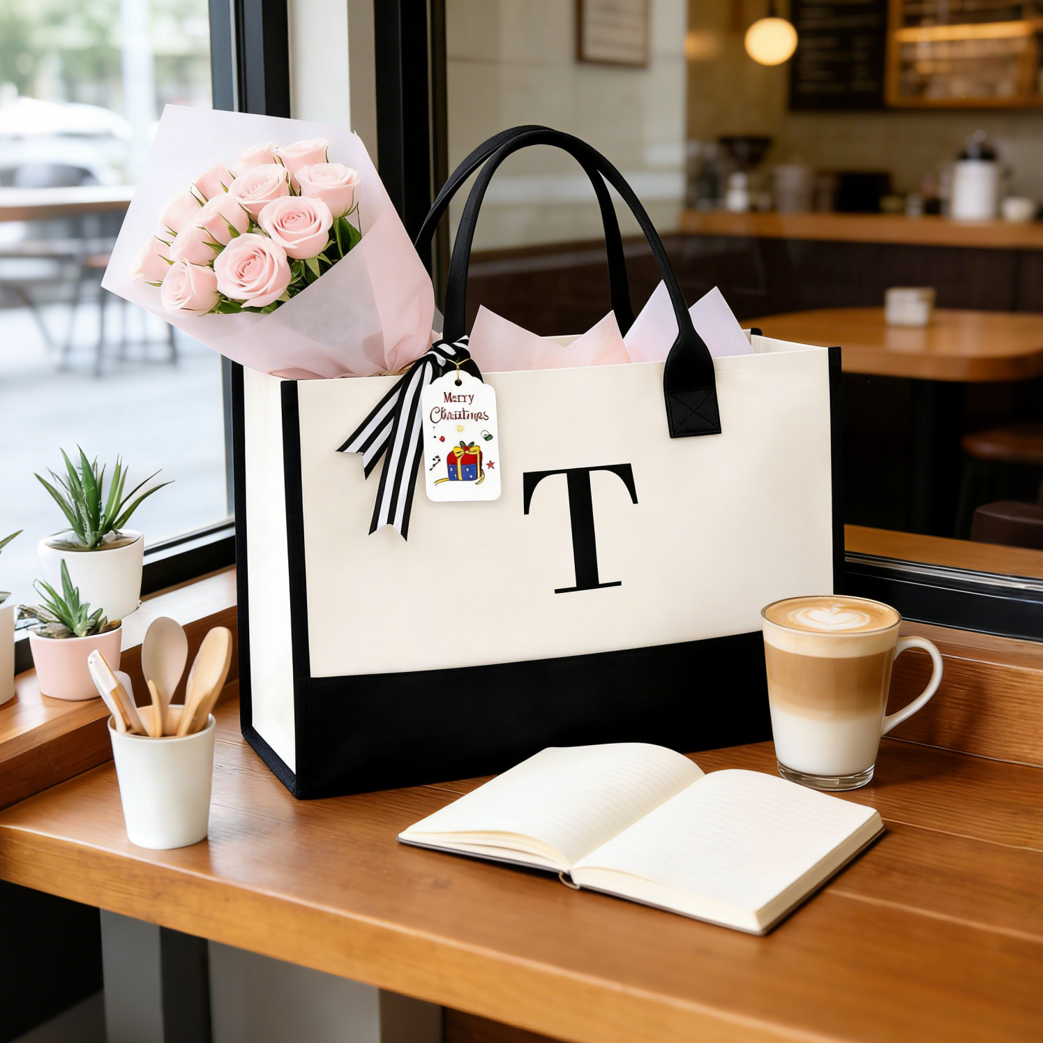 BAGAIL Initial Tote Bag, Personalized Birthday Gifts for Women, Teacher, Friends, Mom, Wedding, Monogrammed Beach Bag(1pcs-Ivory, S)