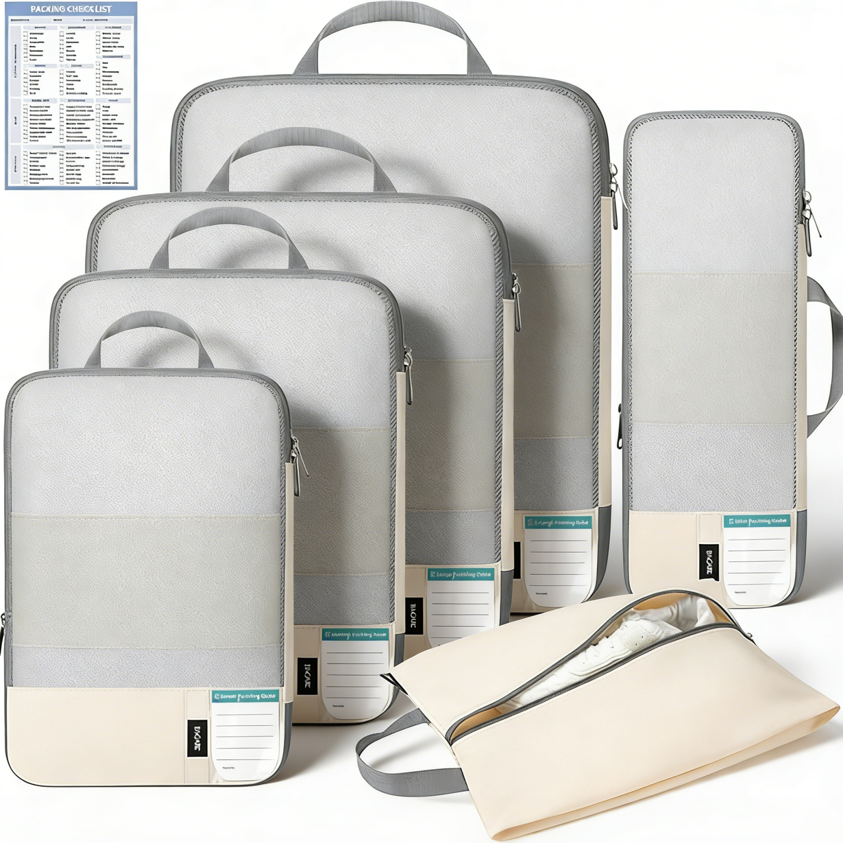 6 Set Label & Half Mesh Compression Packing Cubes with Packing List