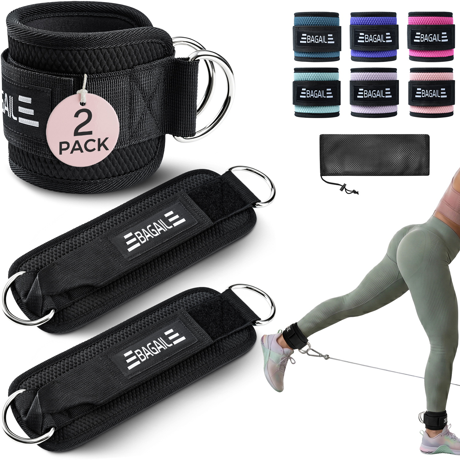 BAGAIL Ankle Straps for Cable Machines (2 Pack), Women Kick Back Cuffs