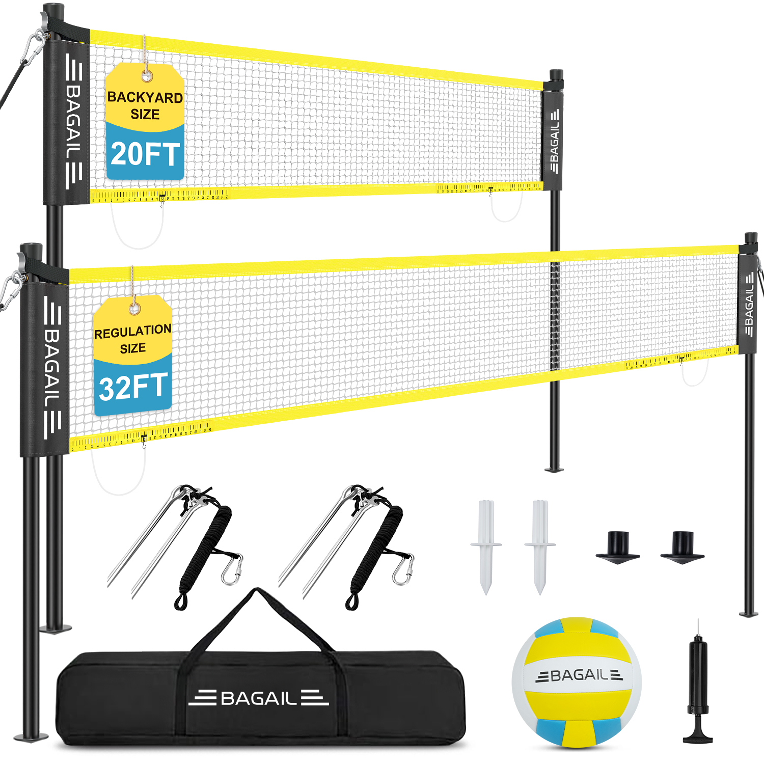 BAGAIL Outdoor Volleyball Net Set 20FT/32FT, Portable for Beach, Backyard | Complete Kit with Carry Bag, Ball & Pump, Integrated Scoring System, Anti-Sag, All-Weather Durability, Easy 5-min Setup-BAGAIL
