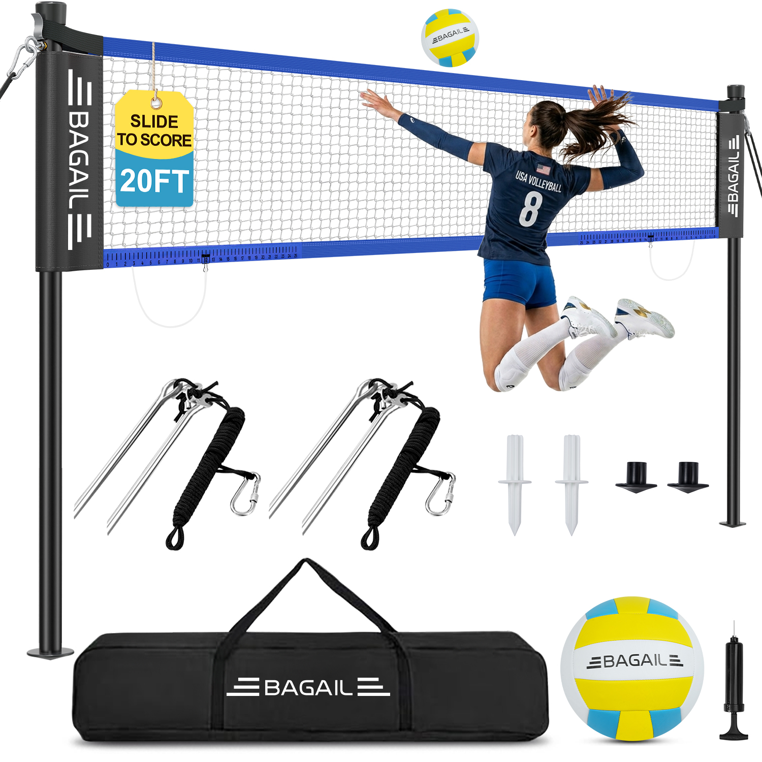 BAGAIL Outdoor Volleyball Net Set 20FT/32FT, Portable for Beach, Backyard | Complete Kit with Carry Bag, Ball & Pump, Integrated Scoring System, Anti-Sag, All-Weather Durability, Easy 5-min Setup-BAGAIL