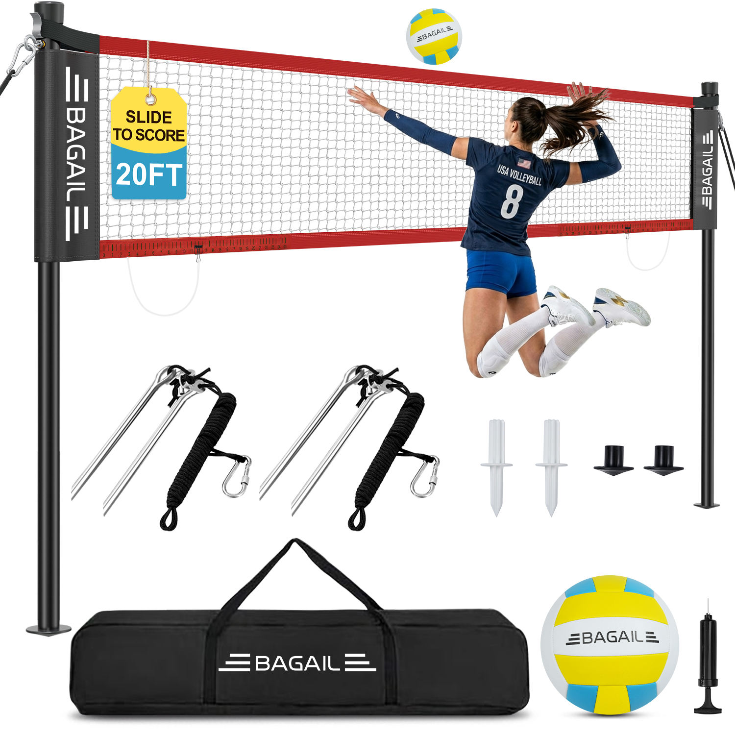 BAGAIL Outdoor Volleyball Net Set 20FT/32FT, Portable for Beach, Backyard | Complete Kit with Carry Bag, Ball & Pump, Integrated Scoring System, Anti-Sag, All-Weather Durability, Easy 5-min Setup-BAGAIL