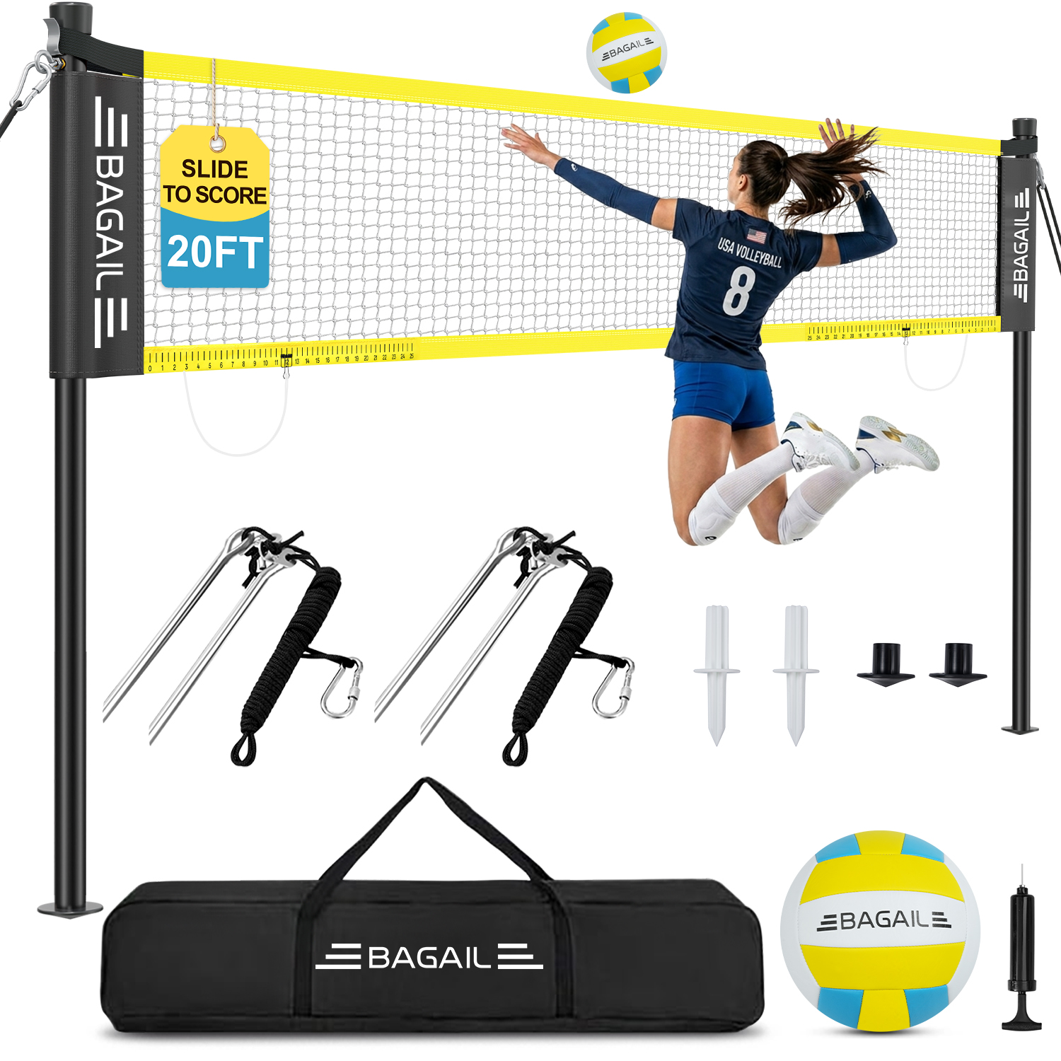 BAGAIL Outdoor Volleyball Net Set 20FT/32FT, Portable for Beach, Backyard | Complete Kit with Carry Bag, Ball & Pump, Integrated Scoring System, Anti-Sag, All-Weather Durability, Easy 5-min Setup