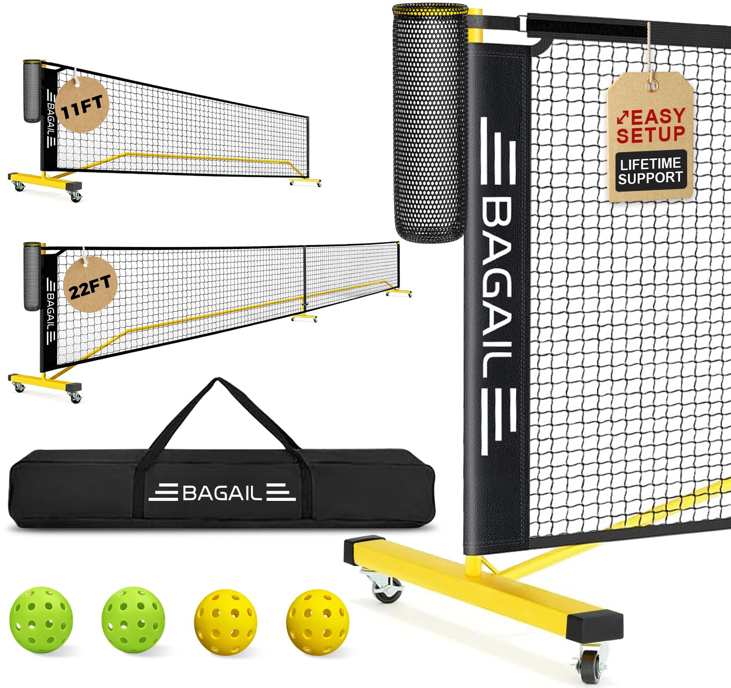 BAGAIL Portable Pickleball Net Set &mdash; 22 FT regulation net and 11 FT practice net on a six-wheel yellow frame, with ball collector, four pickleballs and 600D carry bag