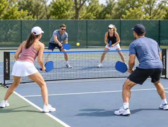 Net lowered to 34 in on a driveway for pickleball with two players at the line