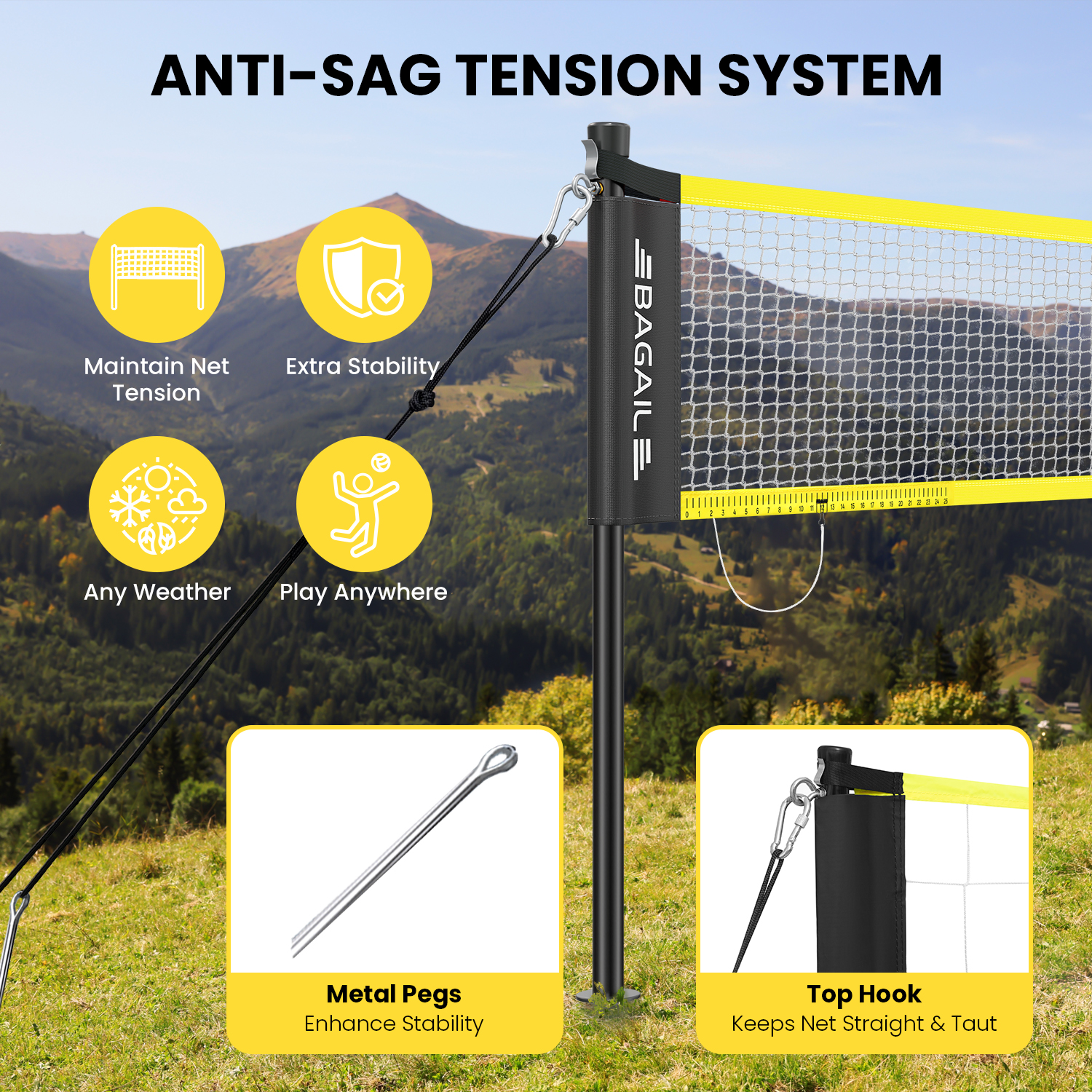 BAGAIL Outdoor Volleyball Net Set 20FT/32FT, Portable for Beach, Backyard | Complete Kit with Carry Bag, Ball & Pump, Integrated Scoring System, Anti-Sag, All-Weather Durability, Easy 5-min Setup-BAGAIL