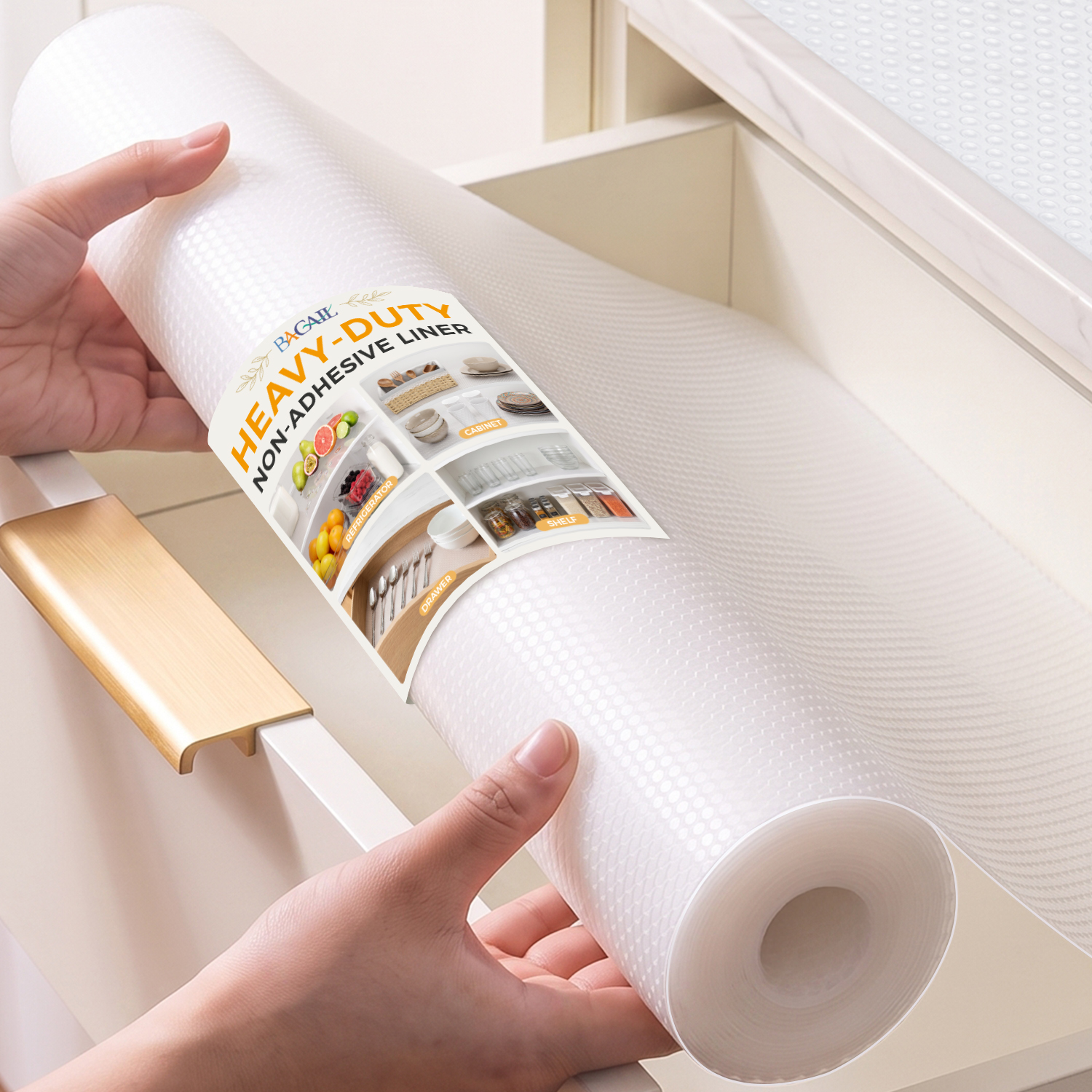 BAGAIL Shelf & Drawer Liner, Non-Adhesive Food-Grade Cabinet Mat, 24" x30' | Heavy-Duty Protection, Easy Trim & Strong Grip, Fast Lay-Flat, Waterproof Refrigerator Mat, Translucent Design