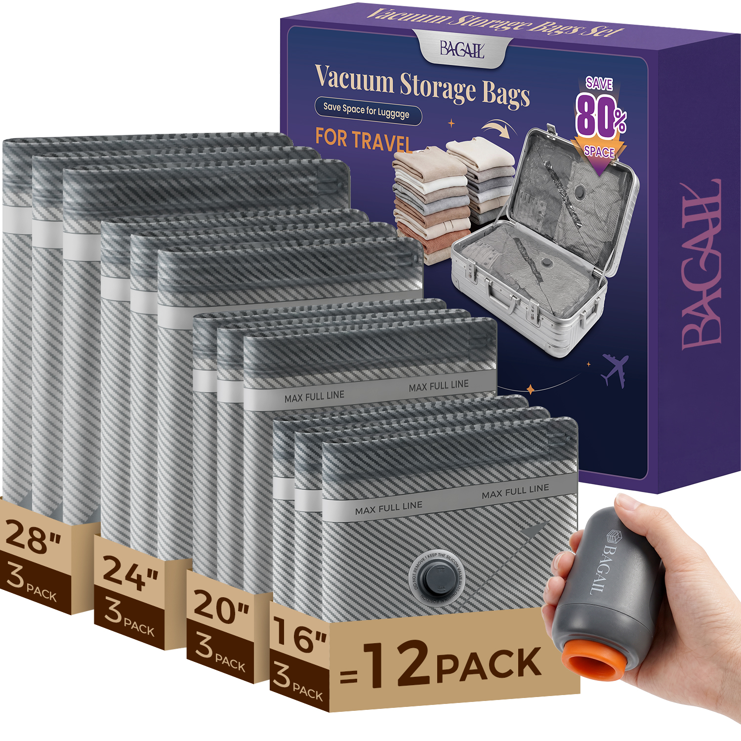 BAGAIL Vacuum Storage Bags with Cordless Pump, Travel Compression