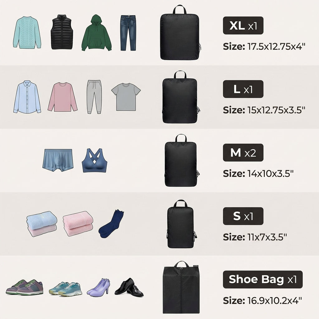 6-Set Ultralight Compression Packing Cubes: Water-Resistant Outdoor Gear Organizers with Shoe Bag – Heavy Duty Storage for Camping, Hiking & Backpacking