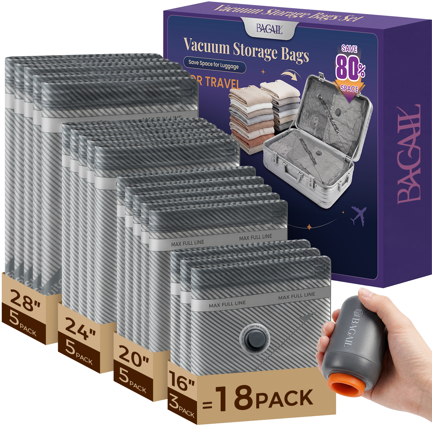 BAGAIL Vacuum Storage Bags with Cordless Pump, Travel Compression