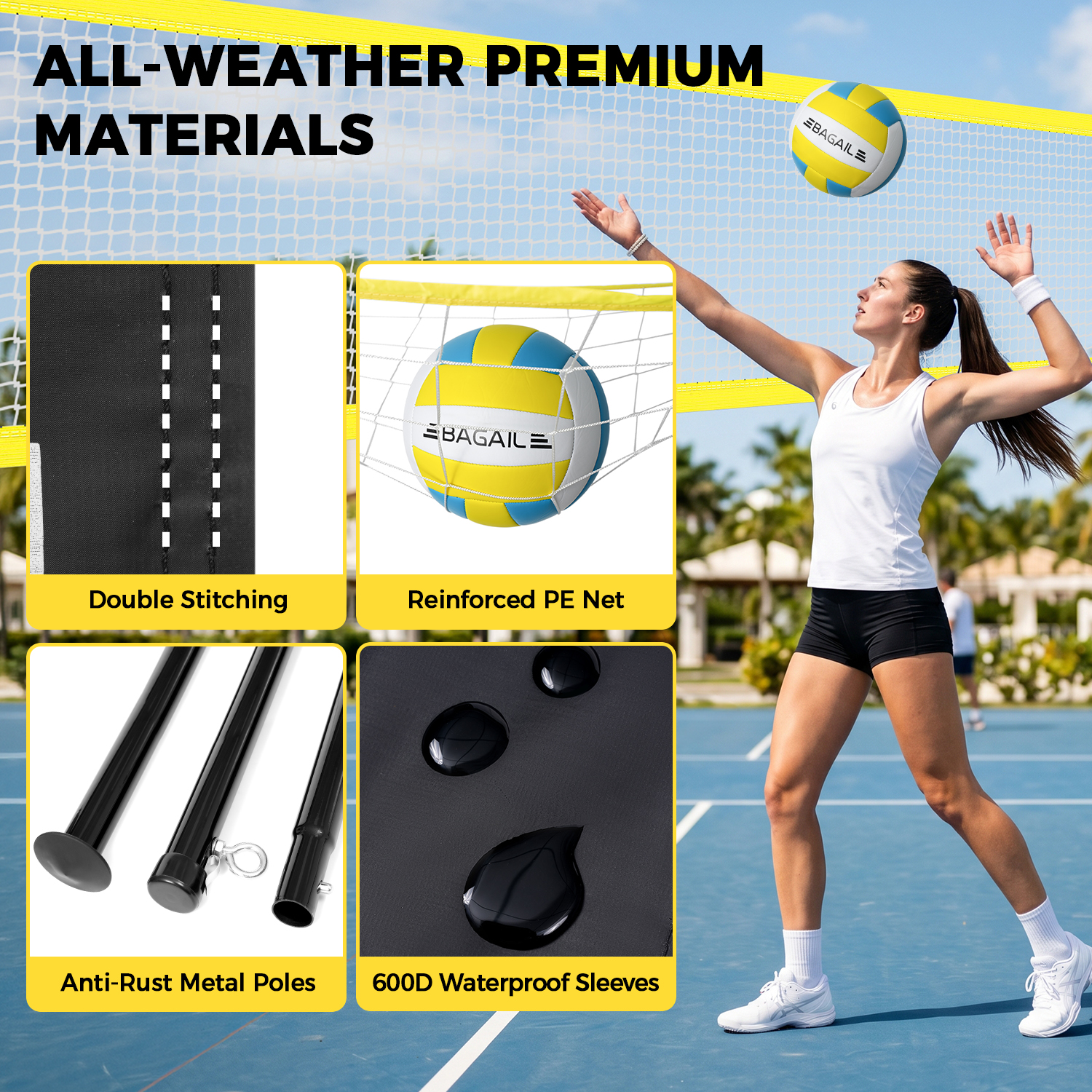 BAGAIL Outdoor Volleyball Net Set 20FT/32FT, Portable for Beach, Backyard | Complete Kit with Carry Bag, Ball & Pump, Integrated Scoring System, Anti-Sag, All-Weather Durability, Easy 5-min Setup-BAGAIL